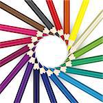 Color pencils in arrange in color wheel colors on white background. Vector illustration