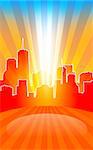 Modern cityscape on retro sunburst pattern with stage and spot on it. Vector illustration