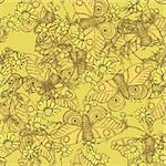 Sketch moth and daisy in vintage style, vector seamless pattern