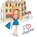 Vector illustration of Girl with shopping bags on the street