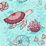 Vector marine seamless pattern with turtle and nautilus