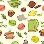 Vector seamless pattern with teapot and cakes