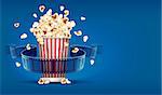 Popcorn for cinema and movie film tape on blue background. Eps10 vector illustration