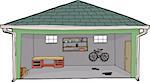 Isolated cartoon garage with bike and workbench