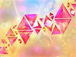 Abstract composition of red 3d triangles, colorful background.