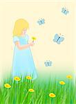 A little girl picking flowers in a meadow, and some blue butterflies