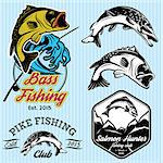 set of vintage patterns with emblems for fishing with pike, salmon, bass