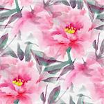Seamless pattern with watercolor flowers.  Pink peony.  Vector illustration.