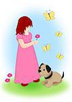 A little girl picking flowers in a meadow, a little dog and some blue butterflies.