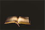 Light shining on open bible on black background