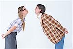 Geeky hipster couple kissing on white background
