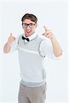 Geeky hipster in sweater vest dancing on white backgound
