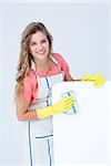 Hipster woman cleaning poster on white background