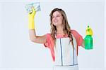 Hipster woman cleaning on white background