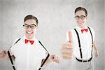 Nerd showing thumbs up against white and grey background