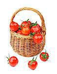 Perfect Ripe Cherry Tomatoes with Stems in Wicker Basket isolated on white background