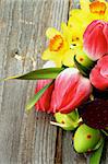 Bunch with Yellow Daffodils and Magenta Tulips in Watering Can with Green Spotted Easter Eggs closeup on Wooden background