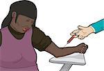 Cartoon of African adult female cringing while giving blood for test