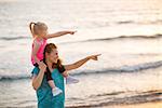 Happy baby girl sitting on shoulders of mother on beach in the evening and pointing