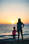 Silhouette of mother and baby girl on beach looking into distance. rear view