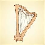 Sketch harp musical instrument in vintage style, vector