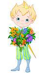 Illustration of Cute Little Prince Holds bouquet of flowers
