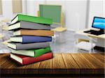 3D render of a wooden table and books with a defocussed classroom in the background