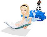 Illustration of Wonderland Alice reading a book