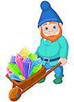 Illustration of gnome carries a wheelbarrow full of quartz crystals