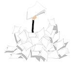 Hand with papers arises from the pile of documents