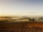 A ploughed field and view over surrounding undulating hills, at dawn with a mist rising from the land.