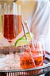 Close-up of Pink Champagne and Cocktail on Serving Tray