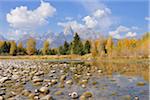 Schwabacher Landing with Teton mountain range in background, autumn, Snake River, Jackson Hole, Grand Teton National Park, Wyoming, USA