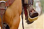 Close-up of Cowboy Riding Horse with Foot in Stirrup, Wyoming, USA