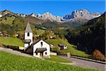 The Little Church San Cipriano, San Cipriano (view towards Catinaccio, Rosengarten), in autumn, UNESCO World Heritage, Tiers, Val di Tires, Tierser Tal, Bolzano District, Trentino-Alto Adige, South Tyrol, Dolomites, Italy