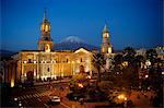 The San Francisco de Arequipa Cathedral (Catedral San Francisco de Arequipa) on the Plaza de Armas in Arequipa with the snows of Chachani volcano in the background by night in Peru,South America