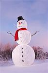 Snowman In Field Wearing A Black Stovepipe Hat And Red Scarf;Anchorage Alaska Usa