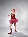 1960s TEEN GIRL RED VELVET & PINK NET TUTU BALLET COSTUME DANCE POSE AWKWARD DANCER