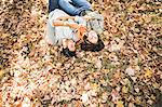 Overhead view of couple lying on autumn leaves in forest