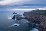 Sunset over the dramatic cliffs of Land's End, Cornwall, England, United Kingdom, Europe