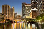 Skyscrapers on Nakanoshima Island at dusk, Kita, Osaka, Kansai, Japan, Asia