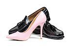 Luxury man's shoe and pink women's heel shoe isolated over white with clipping path.