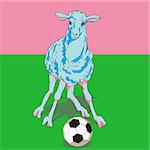 Hand drawn illustration of a sheep playing football on green grass