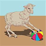 Sheep playing the ball card, hand drawn illustration over a vintage colored background