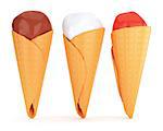 Three ice creams in waffle cones isolated on white background. 3d render