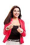 Modern business woman smiling and standing over a white background