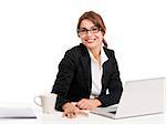 Beautiful and happy hispanic business woman working in the office, isolated over a white background