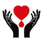 Hand with heart and blood drop vector symbol.