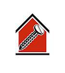 Classic screw icon, woodwork equipment. House with work tools â?? carpentry. Home construction idea, repair team stylized symbol.
