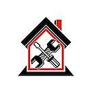 Spanner and screwdriver crossed, industrial theme, workshop symbol. Simple house with work tools â?? home reconstruction idea.
